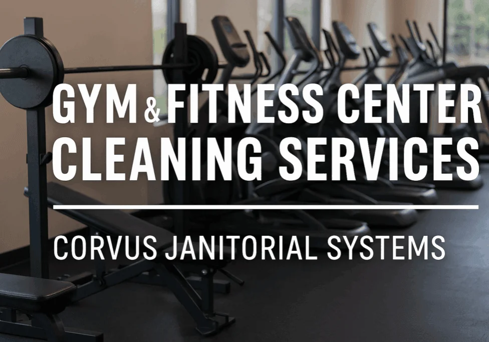 "Gym & Fitness Center Cleaning Services" text over image of gym